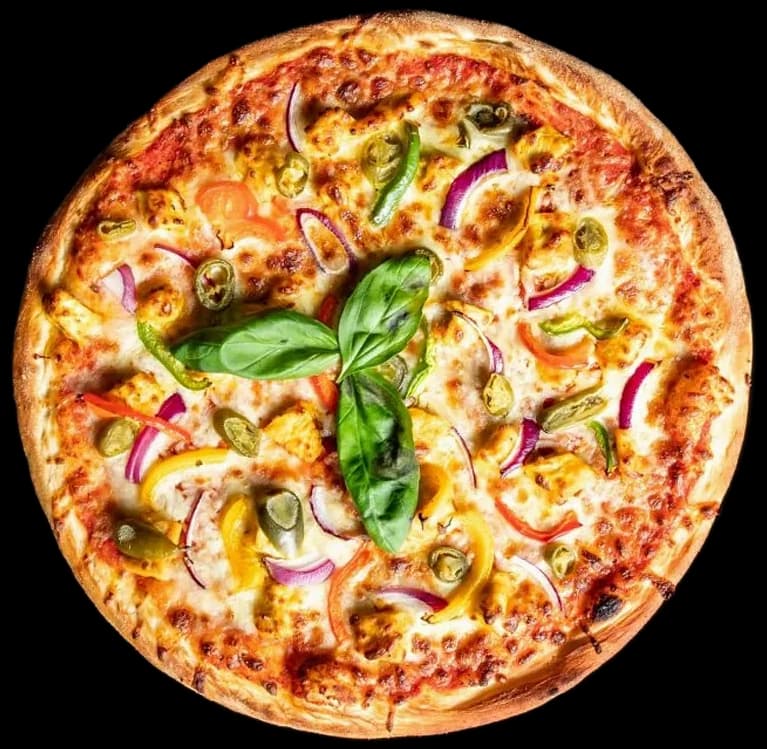 Fresh dough pizza with basil and red onion